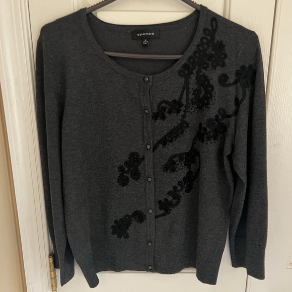 Spense flower embellishment, 3/4 sleeve, Dark Gray Cardigan with jeweled… - Picture 1 of 4